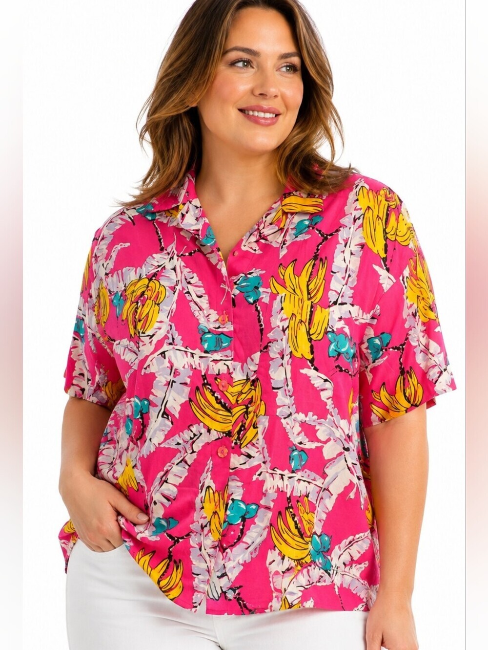 Paula Saker Vintage Banana Print Tropical Shirt Pink Size 14